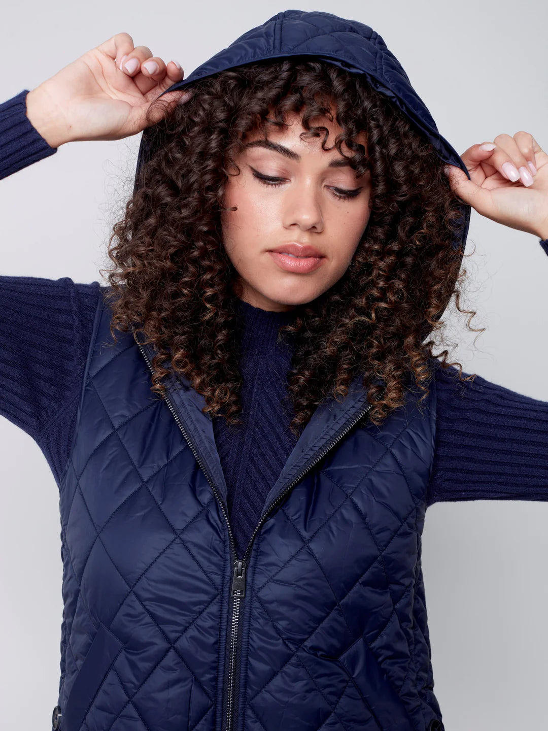 Charlie B  Hooded Short Sleevless Quilted Vest With Side Buttons