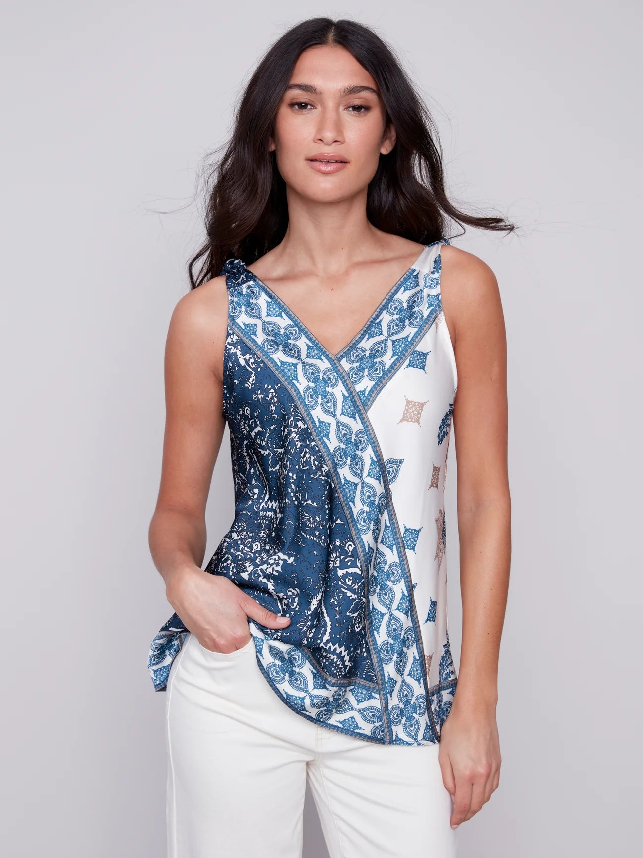 Charlie B Paisley Sleeveless V-Neck Top With Knot Shoulder