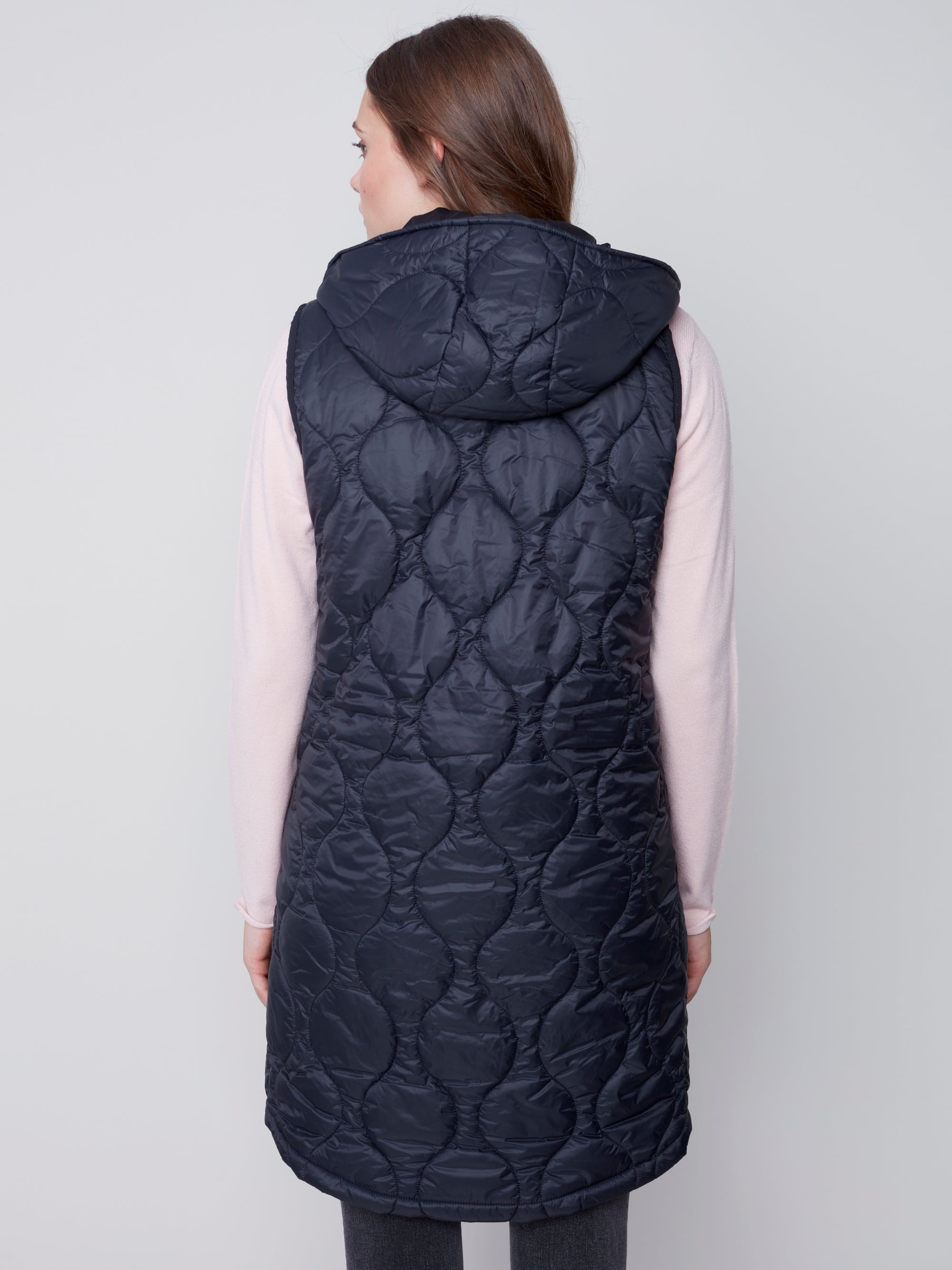 Charlie B Long Quilted Puffer Vest with Hood